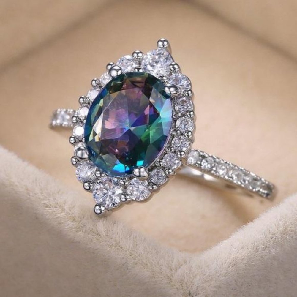 NEW 925 STERLING SILVER MYSTIC TOPAZ HALO RING, CUTE RING, SHINY RING. - Picture 3 of 9